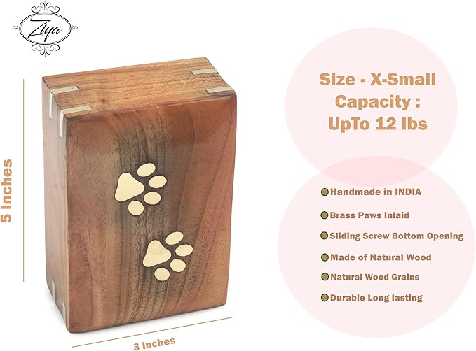 ZIYA Wooden Small Cremation Pet Urn for Dog and Cat Ashes Box | Handmade Wood Memorial Pet Urn | Brass Paws Inlaid | Pet Memorial | Funeral Urns for Pet Ashes | Mini Keepsake | up to 12 Pounds