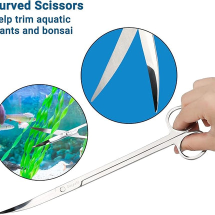Segarty Aquarium Aquascaping Tools, 6 in 1 Stainless Steel Silver Aquascaping Tools Kit for Aquatic Plant Fish Tank, Long Scrapers Spatula Feeding Tweezers Curved Straight Scissors Aquarium Tools