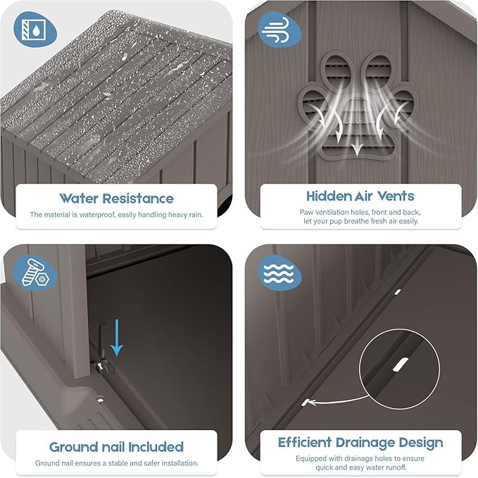 Large Dog House Outdoor Indoor for Medium Large Dogs, Durable Plastic Waterproof Doghouse with Air Vents and Elevated Floor, Easy Clean and Assemble (Classic Grey, 36.2''L×38''W×38''H)