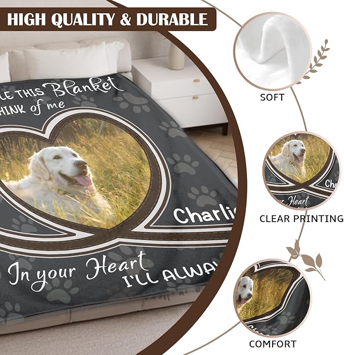 WFR Personalized Pet Memorial Throw Blanket with Photo-Pet Memorial Gifts for Dogs Cats Loss of Dog Sympathy Gift Bereavement Remembrance Passing Away Gifts,Pet Picture Blanket (1-Heart Photo)