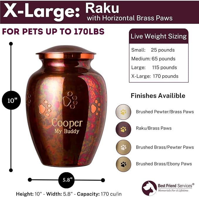 Ottillie Paws Elite Series Personalized Pet Urn for Dogs and Cats - Pet Memorial Urns with Custom Engraving (Raku, Horizontal, Brass, X-Large)