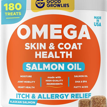 Omega 3 Fish Oil for Dogs (180Ct) - Skin&Coat Chews - Dry & Itchy Skin Relief + Allergy Support - Shiny Coat - EPA&DHA Fatty Acids - Alaskan Salmon Oil Chews Promotes Heart