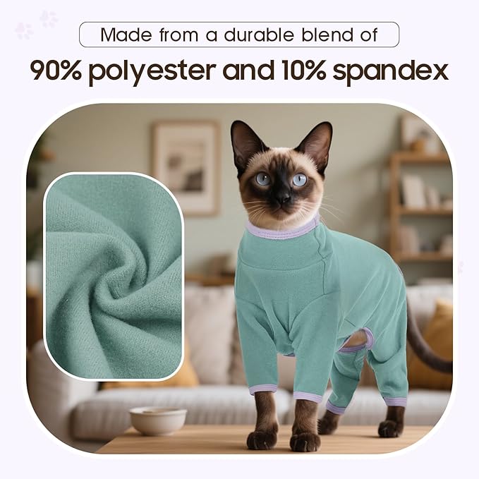 DENTRUN Cat Clothes for Hair Control with Hair Sticky Fabric - Soft Recovery Suit & Breathable Lint-Resistant Cat Sweater for Cats Only, Kitten Onesie Pajamas, XL, Bean Green