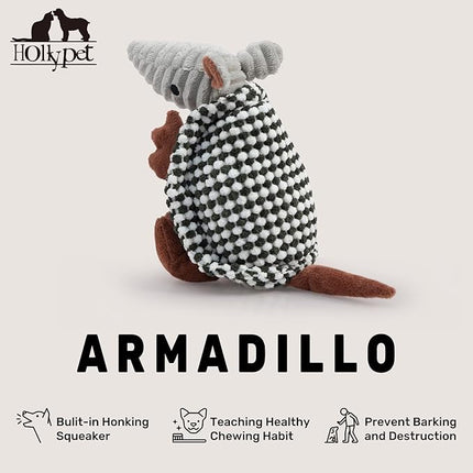 Hollypet Plush Dog Squeaky Toy Stuffed Armadillo Animal Pet Puppy Chew Toys with Clean Teeth for Small Medium Large All Breed Sizes Dogs, Black and White,8 in