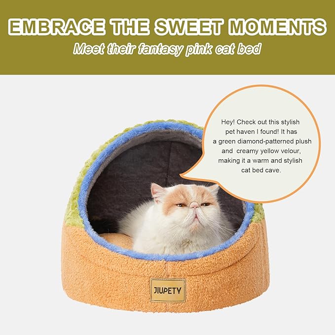 Jiupety Cute Cat Beds for Indoor Cats, Cave Bed for Kittens, Hideaway Cat House & Tent with Anti-Slip Bottom, Washable Removable Cushion, M(16"x16"x13"), Green