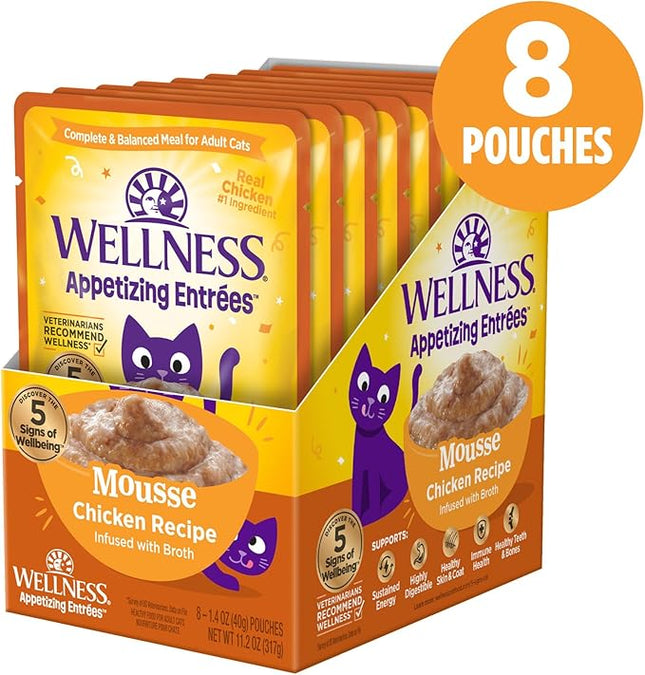 Wellness Appetizing Entrées Mousse Adult Wet Cat Food, Natural, Protein-Rich, Grain Free, 1.4 Ounce Pouch, 8 Pack (Chicken Recipe)