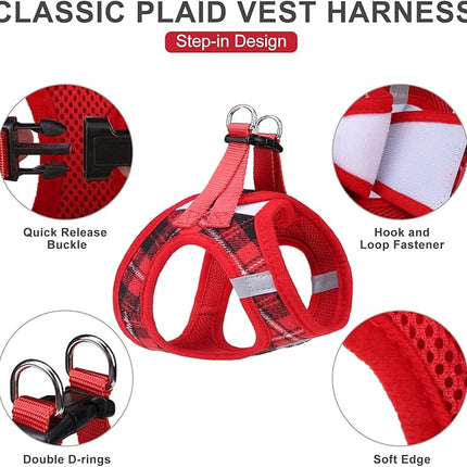 EXPAWLORER Classic Plaid Puppy Harness - Small Dog Harness and Leash Set - Dog Collar and Leash Set with AirTag Holder, Soft Padded Step in Dog Vest Harness No Pull Reflective for Outdoor, Red M