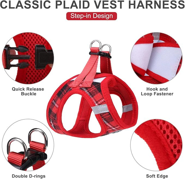 EXPAWLORER Classic Plaid Puppy Harness - Small Dog Harness and Leash Set - Dog Collar and Leash Set with AirTag Holder, Soft Padded Step in Dog Vest Harness No Pull Reflective for Outdoor, Red M
