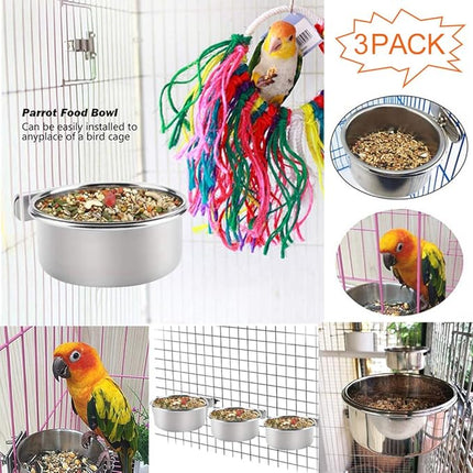 PINVNBY Stainless Steel Food Bowls for Birds,Bird Feeding Dish Cups Parrot Water Feeder Bowl with Clamp Holder Paw Grinding Perches for Budgies Parakeet Macaw Small Animal(5 Pack)