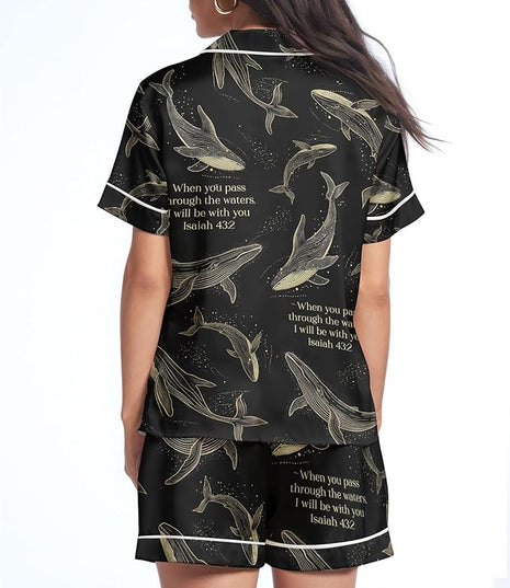 Women’s Silk Satin Pajama Set, Short Sleeve Button Down 2 Piece PJs with Shorts, Cozy Loungewear & Matching Holiday Pajamas