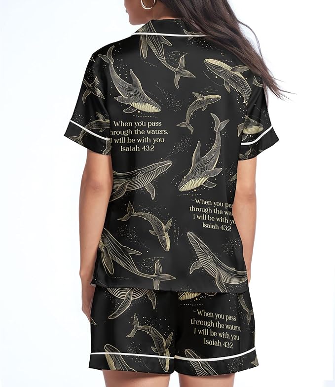 Women’s Silk Satin Pajama Set, Short Sleeve Button Down 2 Piece PJs with Shorts, Cozy Loungewear & Matching Holiday Pajamas