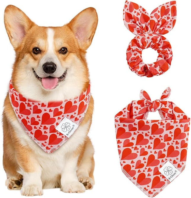 E-Clover Valentines Heart Dog Bandanas & Matching Scrunchie Set Cute Girl Dog Scarf Bibs Pet Bandana with Bow Tie for Small Dogs Puppy Owner Mom Red Pink
