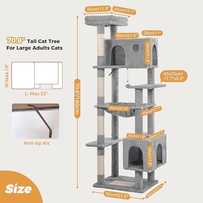 72” Cat Tree for Large Cats Big Cat Tower with Enlarged Hammock 21.6x17.7” Spacious Cats Condo House and Roomy Top Bed and Multiple Scratch Posts for Indoor Adult Cats (Grey, XLarge-72)