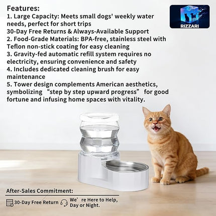 RIZZARI Gravity Water Bowl Dispenser: 4L Automatic Stainless Steel Water Feeder Without Filter - White Pet Waterer for Senior Dogs with Spine Problems - in Bedroom Garden