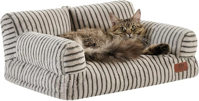 Hollypet Fluffy Plush Pet Cat Couch Soft Calming Pet Sofa Beds for Medium Small Cats and Dogs, Dark Gray Stripes