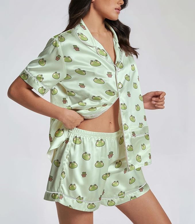Women’s Silk Satin Pajama Set, Short Sleeve Button Down 2 Piece PJs with Shorts, Cozy Loungewear & Matching Holiday Pajamas