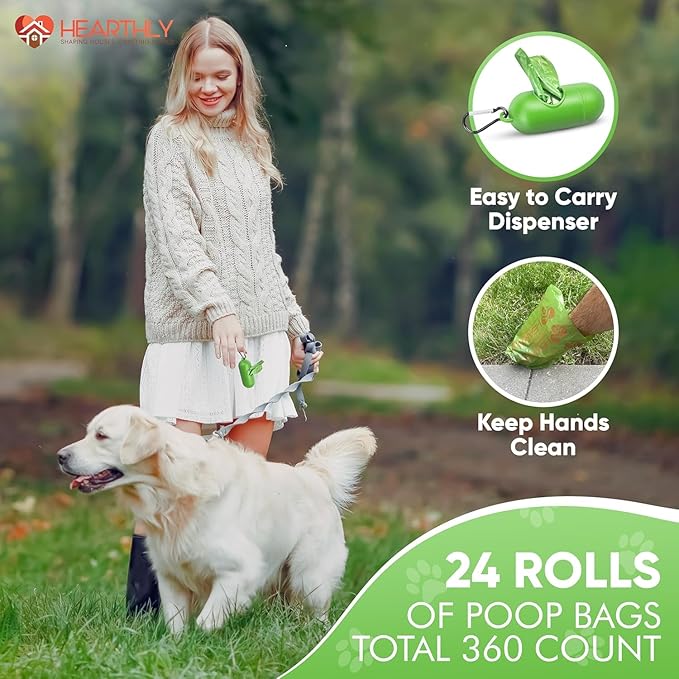 Dog Poop Bags Rolls 360 Count Pack of 24 | Leak Proof and Extra Thick Dog Poop Bag Refill with Dispenser and Leash Clip| Cat litter Bags | Lavender Scented | Green (13 x 9 Inches)