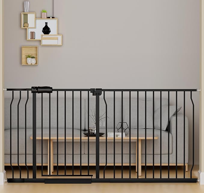 Walk Through Baby Gates Extra Wide for Stairs Doorways Auto Close Tension Black Metal Child Pet Safety Gates with Pressure Mount 62-67 Inch