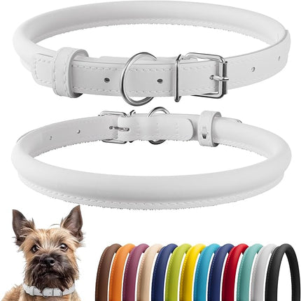CollarDirect Rolled Leather Dog Collar, Soft Padded Round Puppy Collar, Handmade Genuine Leather Collar Dog Small Large Cat Collars 13 Colors (6 Inch, White Smooth)