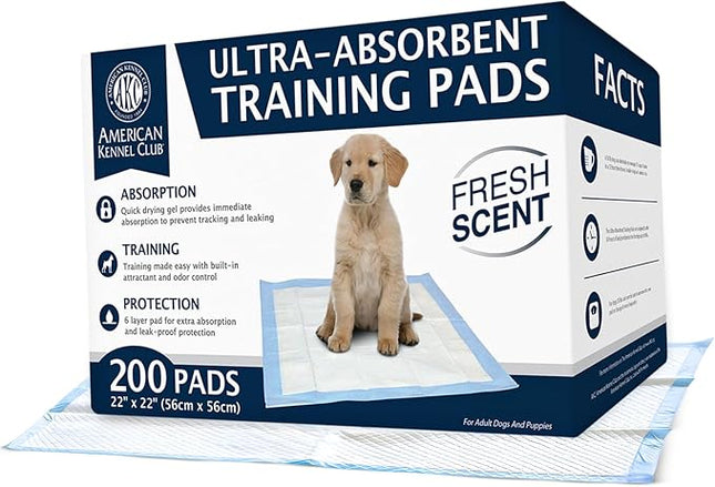 American Kennel Club Ultra Absorbent Odor Control Scented Training Pads for Dogs Leak-Proof Quick Dry Gel – 22 x 22 Puppy Pads - Fresh Scented - 200 Count