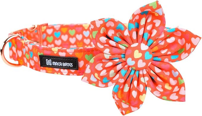 Maca Bates Valentine's Day Dog Collar with Floral Bow for Extra Small Girl Boy Dogs,Colorful Love Hearts Pattern,Adjustable Durable Soft Valentine Gift for Female Male Puppy