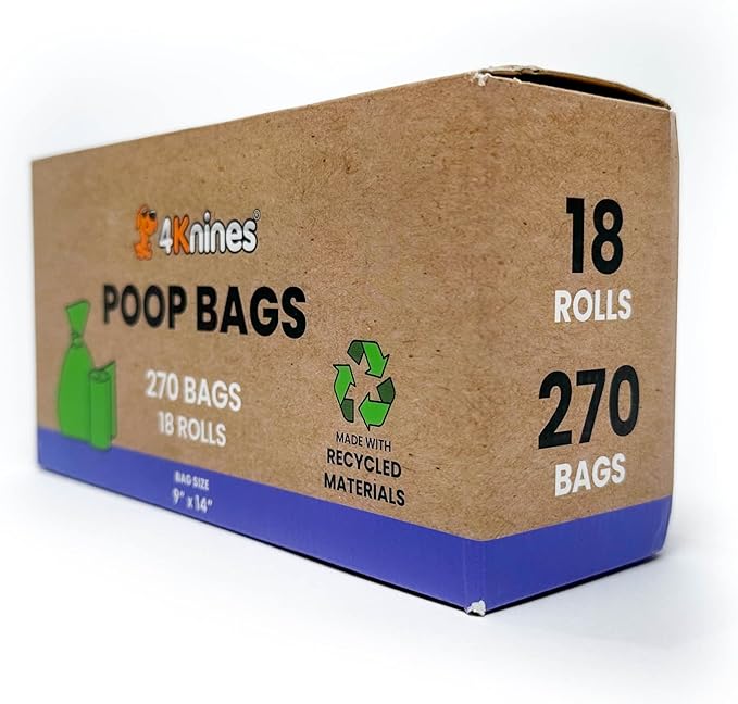4Knines Dog Poop Bags - 270 Count (18 Rolls) Unscented, Leak-Proof & Extra-Thick Pet Waste Bags – Made with GRS-Certified 100% Recycled Materials – Fits Standard Dispensers, 9x14 Inch - Green