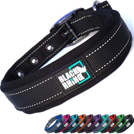 Black Rhino Dog Collars for Large Dogs - Adjustable Reflective Heavy Duty Dog Collar with Ultra-Soft Neoprene Padding - Weatherproof, Durable, and Comfortable - Ideal for Active Dogs - Black