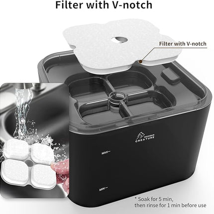 Crystal Cat Water Fountain Stainless Steel with 4 Filters and 4 Sponges, 101oz/3L Pet Fountain with LED Light for Cats and Dogs (Black)