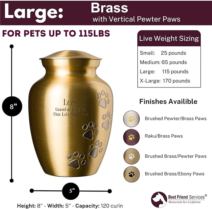 Ottillie Paws Elite Series Personalized Pet Urn for Dogs and Cats - Pet Memorial Urns with Custom Engraving (Brass, Vertical, Pewter, Large)
