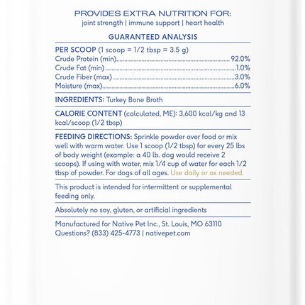 Native Pet Bone Broth for Dogs and Cats - Turkey Bone Broth Powder Dog Food Toppers for Picky Eaters - Provides Extra Nutrition for Joint Strength, Immune Support & Heart Health - 96 Scoops
