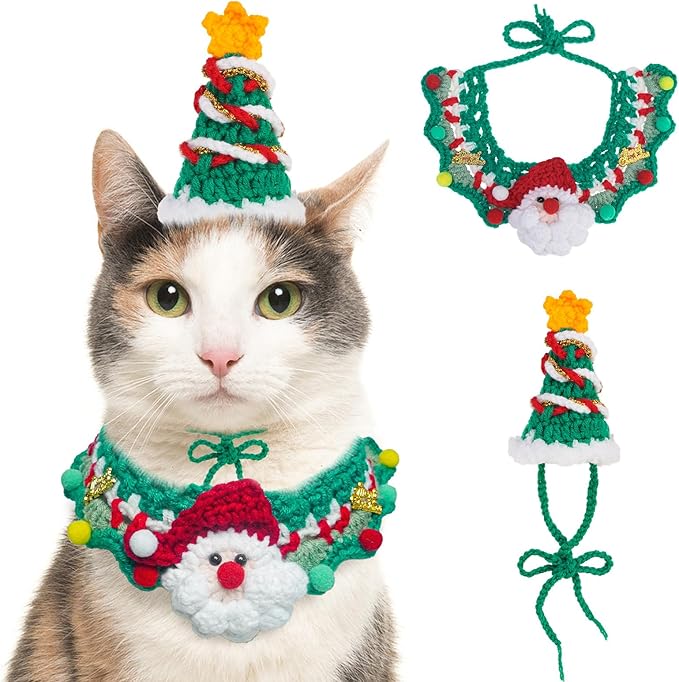SCENEREAL Christmas Cat Costumes - Cute Knit Santa Claus Christmas Tree Costume for Puppy Dogs Cats, Kitten Collar Hat for Holiday Party, Pet Apparel Xmas Outfit for Small Animal, Dolls
