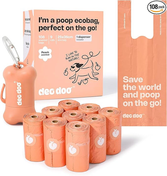 Dog Poop Bags with Handles 9 Rolls 108 Counts Big Sizes Leak Proof and Extra Thick Waste Bags Refill Rolls for Walking Small Medium Large Dogs Cats Litter With Holder Peach Scented