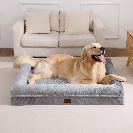 XL Dog Bed for Large Dogs, Orthopedic Dog Bed Egg Crate Foam with Removable Washable Cover, Waterproof Non-Slip Big Pet Sofa with 4-Sides Removable Bolster, Grey