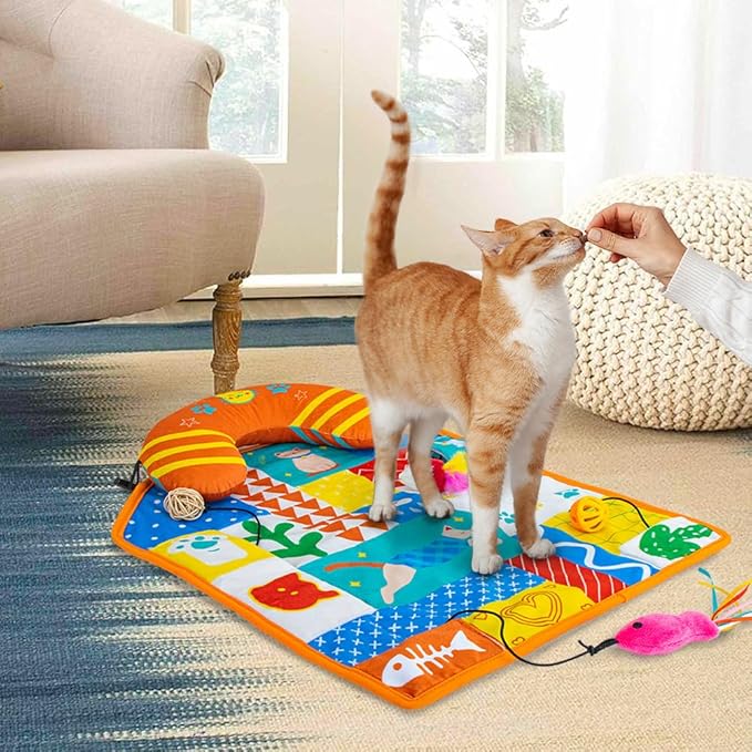 2-in-1 Cat Mat with Pillow for Small Medium Large Cats,Cute Cat Catnip Toys,Soft Plush Crinkle Toys for Kitten Sleeping Snuffing Playing,Machine Washable Pet Cushion Pad Mat Cat Gifts