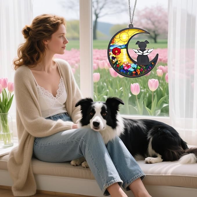 Dog Memorial Gifts for Loss of a Pet, with Angel Silhouette Suncatcher & Crescent Moon - Sympathy Gift for Grieving Dog Lovers(Sunset Garden)