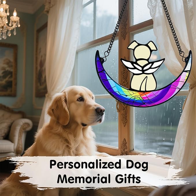 Stained Glass Dog Memorial Gifts,Dog Angel Memorial Suncatcher,Pet Memorial Gifts for Dogs,Rainbow Bridge Loss of Dog Sympathy Gifts with Card,Idea for Dog Lovers