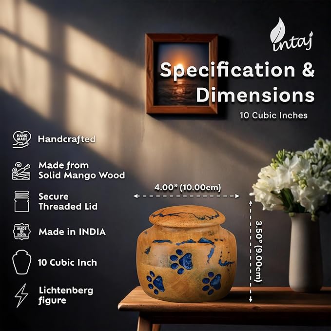 INTAJ Wooden Pet Urns for Dogs/Cats Ashes - Blue Resin Paws & Lichtenburg Design - Keepsake Cremation Urn Box, Pet Memorial Wooden Urns for Ashes, Small to Large Sizes (Odyssey, Small)