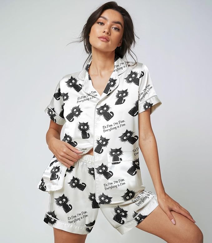 Women’s Silk Satin Pajama Set, Short Sleeve Button Down 2 Piece PJs with Shorts, Cozy Loungewear & Matching Holiday Pajamas