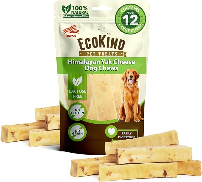 EcoKind Premium Gold Yak Cheese Himalayan Dog Chews, Dog Treats Large Breed, All Natural, High Protein Dog Chew, Bacon, Large - 12+ Chews (3 lbs)