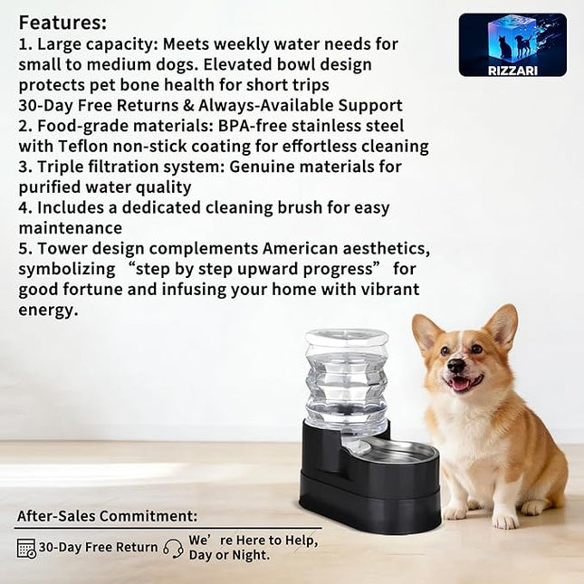 RIZZARI Automatic Cat Water Dispenser: Black 5L Elevated Feeder with Specialized Brush and Triple Filtration - Stainless Steel Gravity Bowl - Leakproof Base for Indoor Pets
