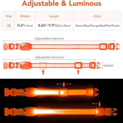 Light up Collar for Small Dog,Vizpet XS Adjustable Size Nylon Collar USB Rechargeable Bright Safety Pet Collar for Cats Small Dogs (Orange, X-Small[ 8.66-11.9 inch/22cm-30cm])