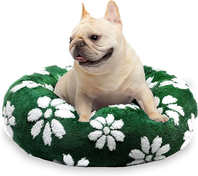 Donut Dog Beds for Small Dogs, Calming Round Cat Beds for Indoor Cats, Cute 3D Textured Flower Pet Bed with Removable Washable Cover and Anti-Slip Bottom（Green，23"）