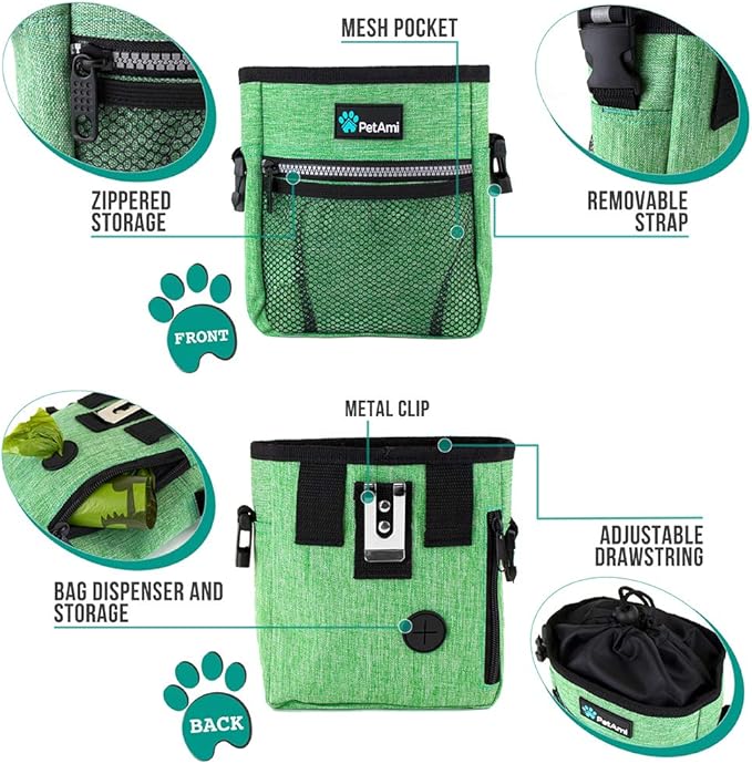 PetAmi Dog Treat Pouch, Pet Treat Pouch for Training, Dog Walking Bag Holder for Kibbles, Pet Food Toy, Dog Trainer Essentials Supplies, Poop Bag Dispenser, 3 Ways to Wear (Green)
