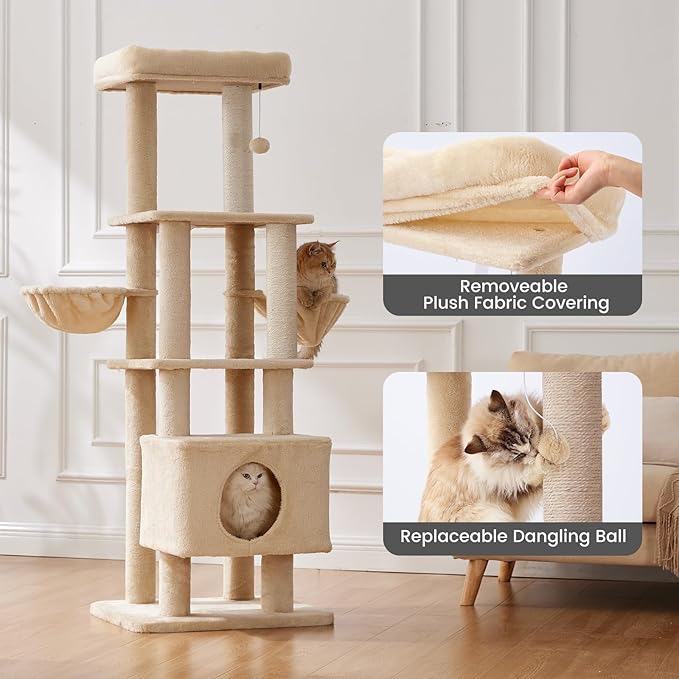 Gardner Pet 65in Heavy Duty Cat Tree Tower for Large Cats, Multi-Level Cat Furniture with Replaceable Sisal Scratching Post, Hammock | Extra-Large Platform & Condo (Beige)