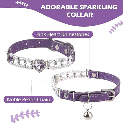 EXPAWLORER Cat Collar Leather with Bell and Safety Elastic Belt,Personalized Rhinestones Bling Adjustable Collars for Cats Kitty and Small Dogs,Pearl cat Collar Purple (Pearl)