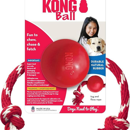 KONG Ball with Rope - Durable Fetch Toy with Rope for Easy Throwing - For Tug, Playtime & More - Natural Rubber - Red - For Small Dogs