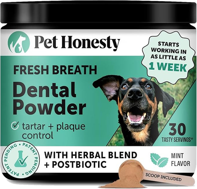 Dog Breath Freshener Dental Powder for Teeth Cleaning Plaque Off, Dental Care for Dogs, Tartar Remover for Teeth with Natural Herbal Blend + Postbiotics (Mint - 30 Servings)