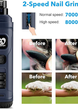 Casfuy Dog Nail Grinder with 2 LED Light - New Version 2-Speed Powerful Electric Pet Nail Trimmer Professional Quiet Painless Paws Grooming & Smoothing for Small Medium Large Dogs and Cats (Blue)