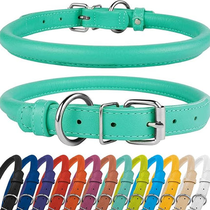 CollarDirect Rolled Leather Dog Collar, Soft Padded Round Puppy Collar, Handmade Genuine Leather Collar Dog Small Large Cat Collars 13 Colors (11-14 Inch, Mint Green Textured)