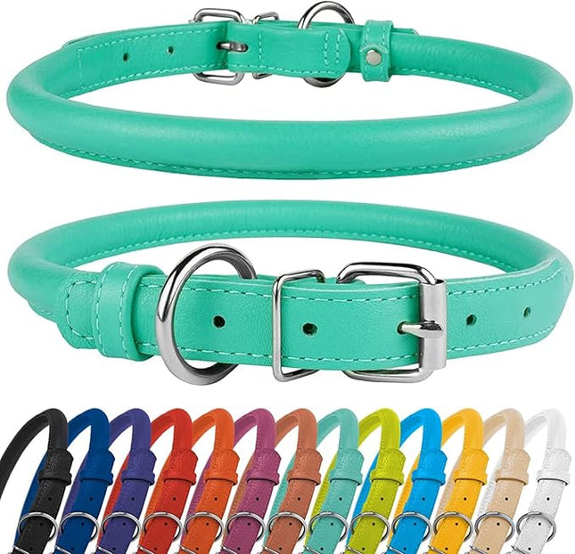CollarDirect Rolled Leather Dog Collar, Soft Padded Round Puppy Collar, Handmade Genuine Leather Collar Dog Small Large Cat Collars 13 Colors (11-14 Inch, Mint Green Textured)